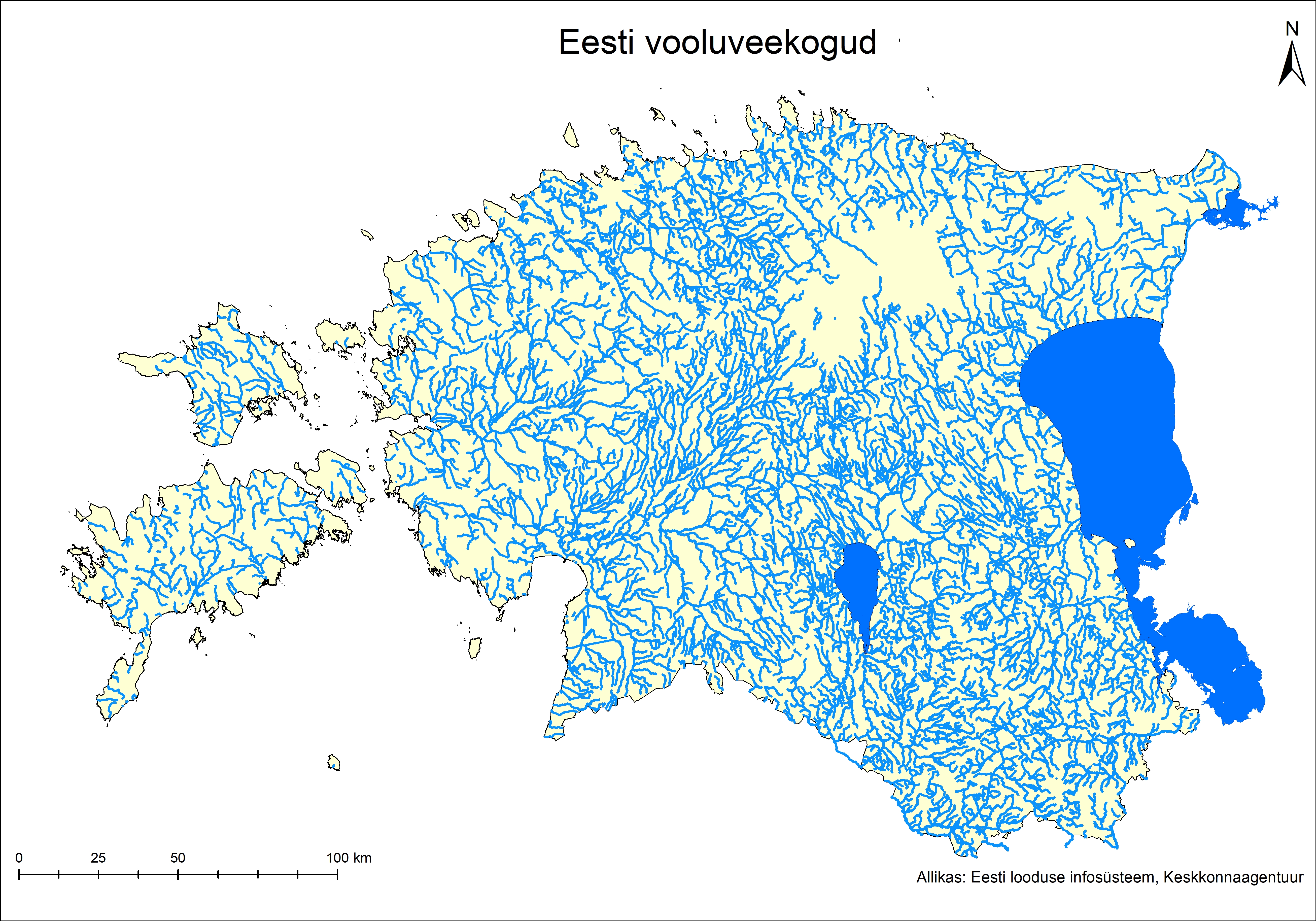 EESTI VOOLUVEEKOGUD. Väikseim vooluvetevõrgu tihedus on Pandivere kõrgustikul ja saarte rannikualadel. Allikas: Tallinna Tehnikaülikool.